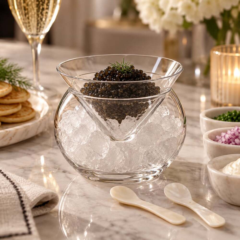 Glass Caviar Chiller Server Set with 2 Mother of Pearl Spoons